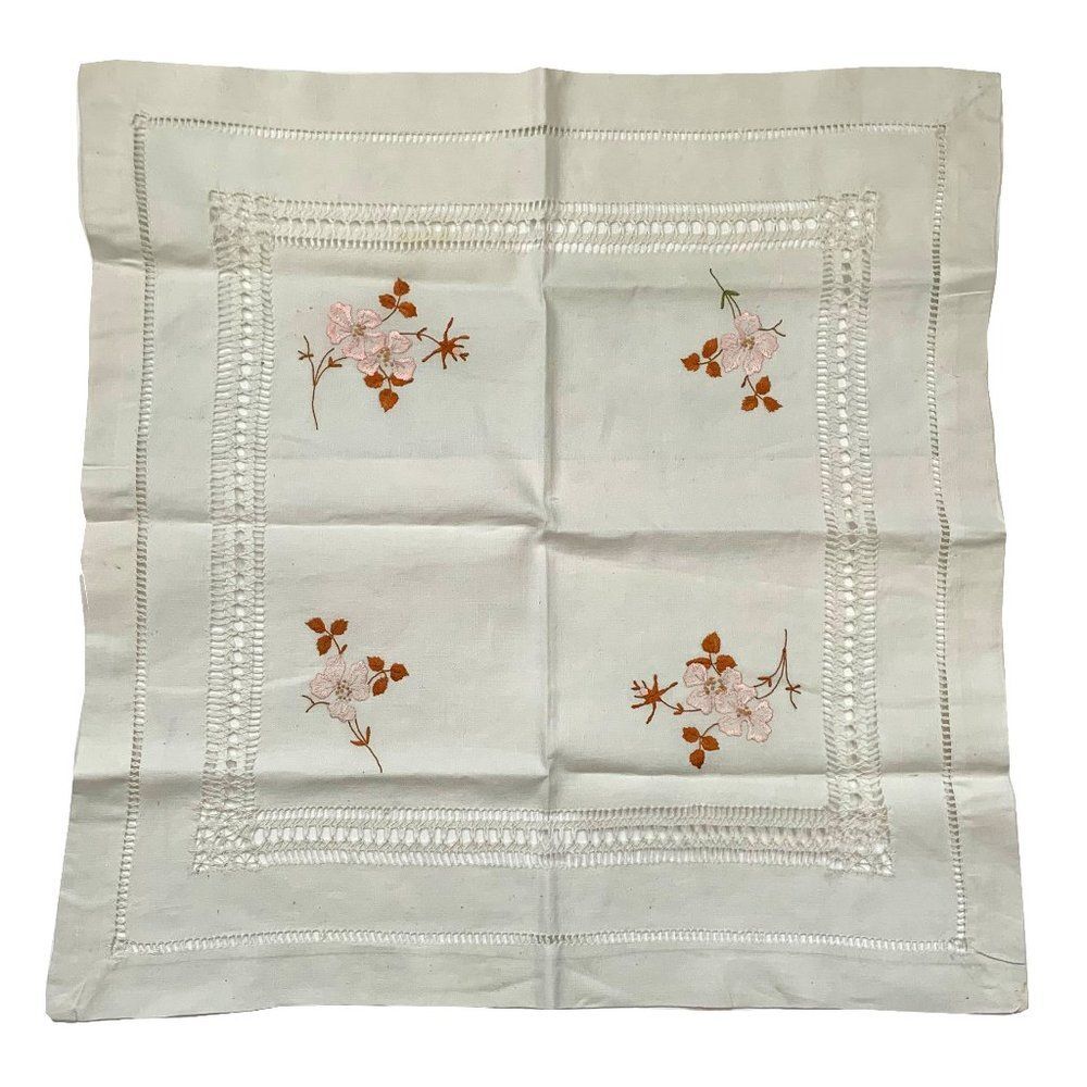 Vintage Floral Embroidered Doily Pulled Thread Square Topper Shabby Cottage Core